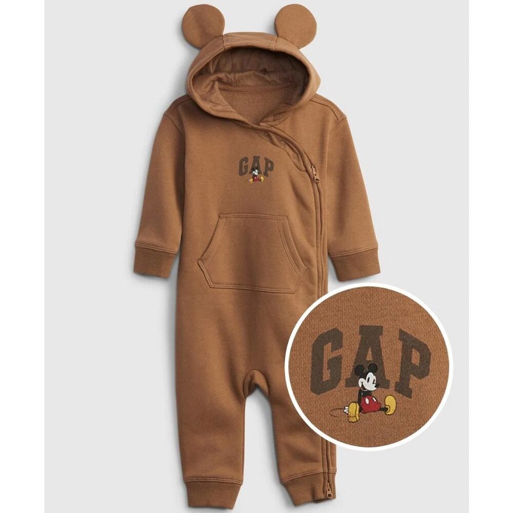 Gap x Disney Mickey Mouse Brown Cozy Fleece One Piece Hooded Romper w/ Ears